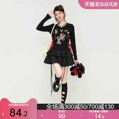 KEIKO 奇幻马戏团系列长袖t恤女24春季美式复古绑带显瘦短款上衣图片