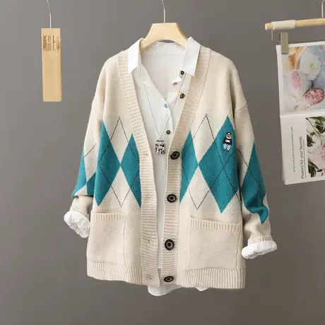 秋冬季菱形格拼色毛衣外套女V领宽松休闲中长款慵懒风针织开衫女图片