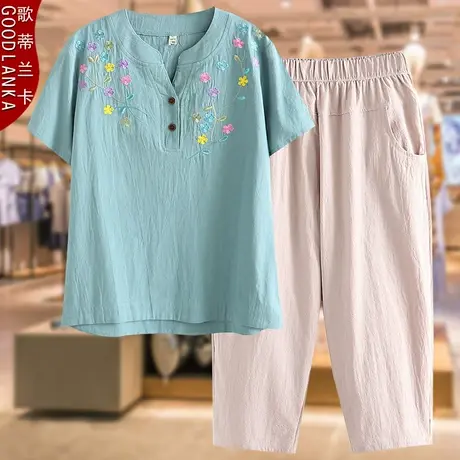 中年母亲节妈妈夏装套装短袖棉麻上衣2022新款大码女装洋气两件套商品大图