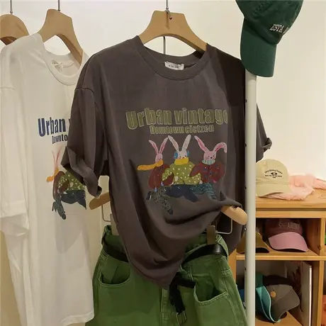 跳舞的兔子 显瘦雪花棉短袖T恤女韩系休闲宽松字母卡通上衣商品大图