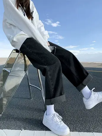 薄款小个子黑灰牛仔裤女宽松春秋2023秋装高腰显瘦chic港味阔腿裤图片