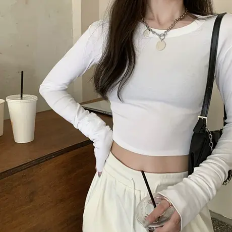 黑色紧身薄款长袖T恤女装锁骨内搭打底衫春秋短款甜辣ins上衣服潮图片