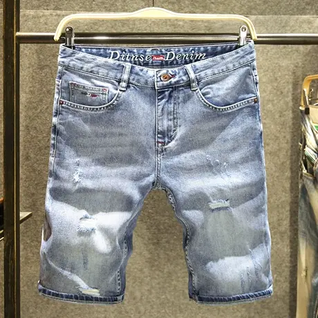 高街潮牌破洞夏季牛仔短裤男款修身直筒5分中裤子潮流休闲五分裤商品大图