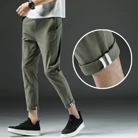 夏季薄款纯棉九分裤男裤修身小脚秋季春秋款男士裤子休闲裤军绿色商品大图