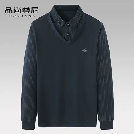 中老年爸爸秋装上衣假两件长袖t恤条纹休闲男士打底衫春秋爷爷装图片