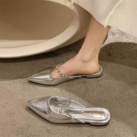 包头半拖鞋女夏季2025新款外穿法式时尚凉拖配裙子尖头平底穆勒鞋图片