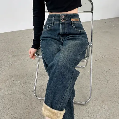 牛仔裤女秋冬加绒加厚2024新款高腰显瘦宽松窄版保暖老爹哈伦裤子商品大图