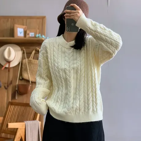 dza 复古加厚绞花套头漂亮毛衣女秋冬外穿上衣宽松内搭打底针织衫商品大图