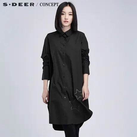 sdeer圣迪奥女装酷黑纯色长款圆摆衬衣S16380586🧝商品大图