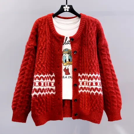 日系复古麻花红色毛衣外套女冬季2023新款宽松慵懒风加厚针织开衫商品大图