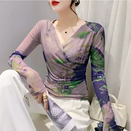 欧货网纱打底衫女内搭春秋新款性感交叉V领长袖T恤时尚印花上衣潮商品大图