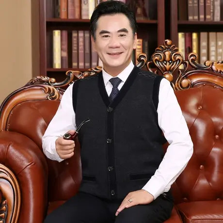 爸爸装马甲春秋季中老年人男士针织开衫加绒加厚无袖毛衣背心坎肩图片