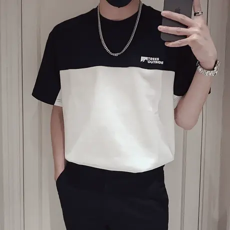 夏季字母设计感撞色拼接重磅男T恤痞帅潮牌时尚半袖ins百搭短袖男商品大图