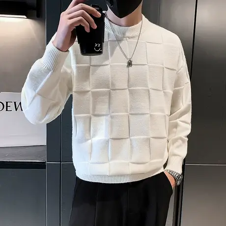 圆领格子毛衣男秋季新款简约设计感纯色小众情侣款长袖针织衫ins商品大图