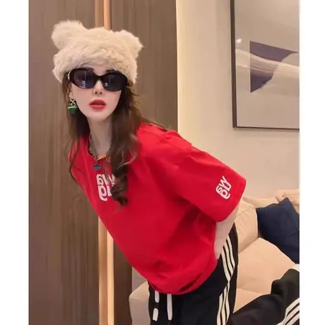 欧美风潮牌字母纯棉打底衫红色短袖T恤女新年本命年新款宽松上衣图片
