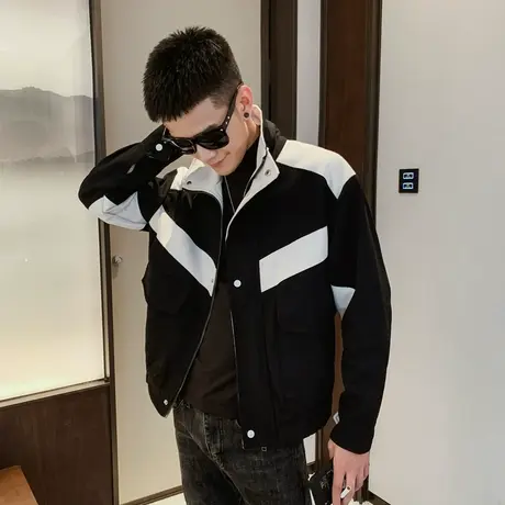 秋冬男士夹克外套男装上衣翻领修身潮流休闲帅气帅气拼色网红潮牌商品大图