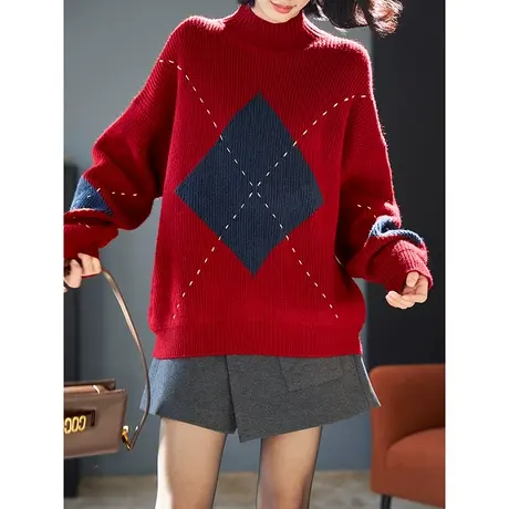 宝诗黎半高领菱格亮丝毛衣2024春季简约百搭新款针织上衣女装潮图片