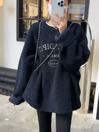 慵懒风加厚圆领羊羔毛卫衣女冬季2024早春新款爆款宽松字母上衣潮图片