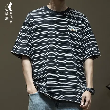 希越潮牌条纹短袖T恤男2024春季260g重磅纯棉男士打底衫宽松大码商品大图