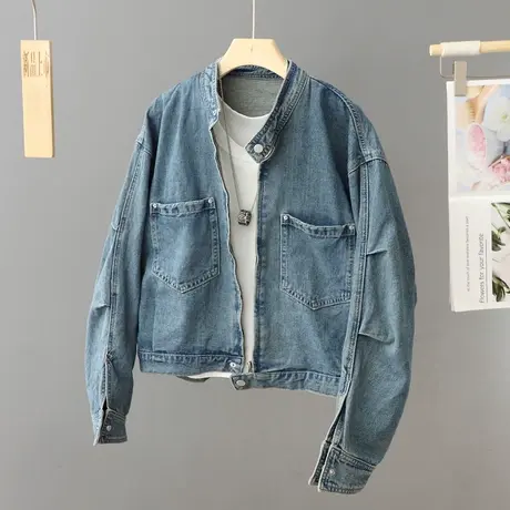 港味立领短款牛仔外套女春秋款小众高级感休闲机车牛仔夹克上衣女图片