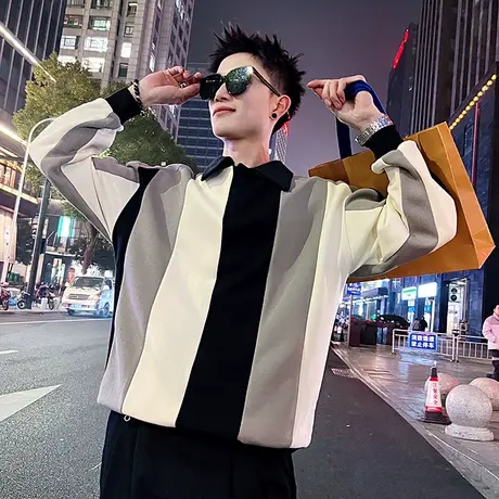 春季POLO领卫衣男2024新款ins潮流撞色拼接套头上衣百搭长袖T恤衫商品大图