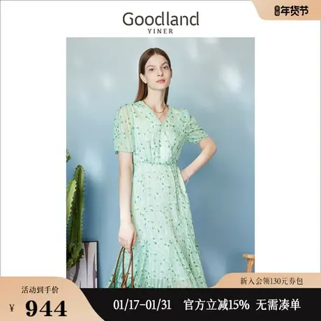 [向阳而生]Goodland美地女装2023夏印花茶歇度假风碎花连衣裙图片