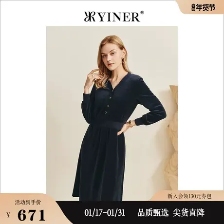 YINER音儿女装2022冬季A字收腰V领连衣裙图片