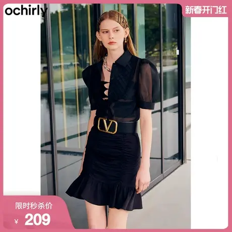 ochirly欧时力新款夏装华夫格花边法式短袖衬衫女1WC2018860图片