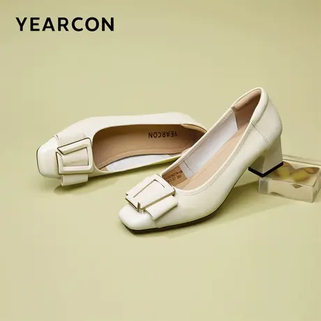 意尔康女鞋2024春季真皮方头羊皮单鞋粗跟皮鞋法式中跟通勤工作鞋商品大图