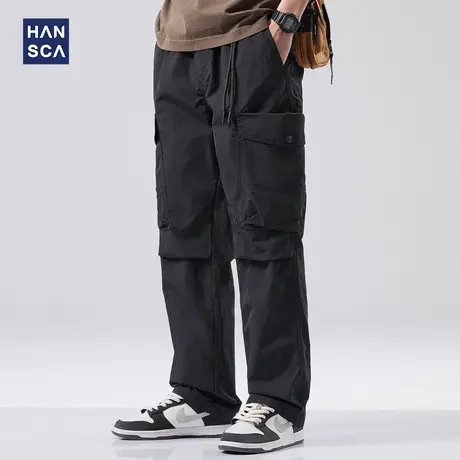hansca美式工装直筒宽松休闲裤男春季新款日系潮牌褶皱口袋长裤子商品大图