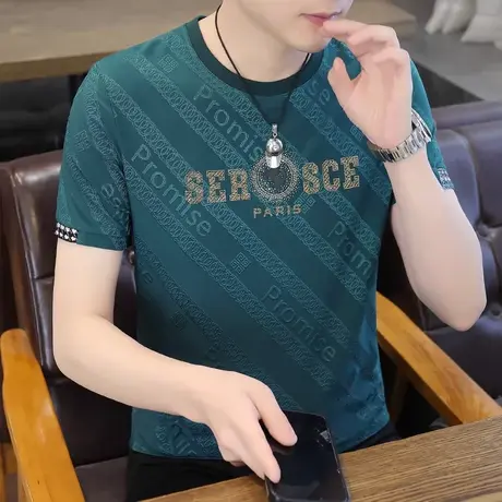 夏季男士冰丝短袖t恤半袖潮流潮牌体恤衫烫钻加肥加大码男装上衣商品大图