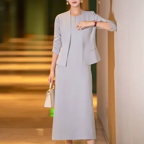 高级感醋酸职业套装女2024夏季新款时尚气质端庄西装连衣裙两件套图片