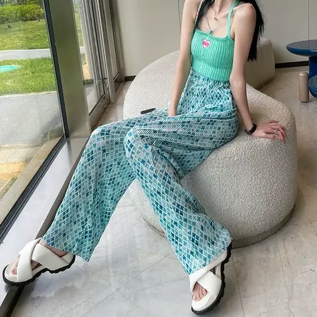 冰丝碎花裤子女夏季薄款慵懒肌理感凉凉抖抖防晒阔腿休闲雪纺裤子商品大图