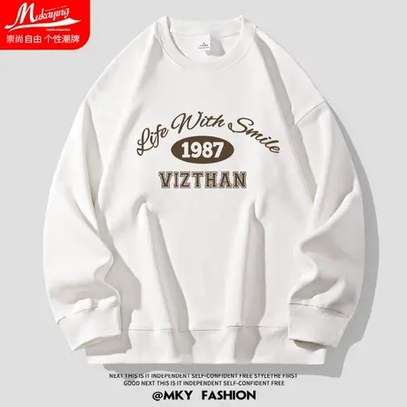 美式潮流字母宽松圆领卫衣男士秋季大码oversize白色简约长袖上衣商品大图