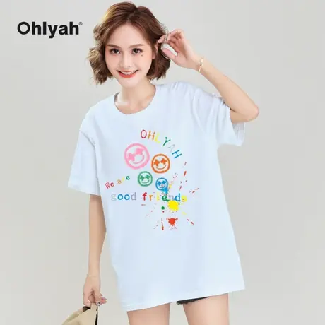 Ohlyah笑脸夏季白色T恤女情侣装国潮牌嘻哈宽松纯棉五分袖中长款商品大图