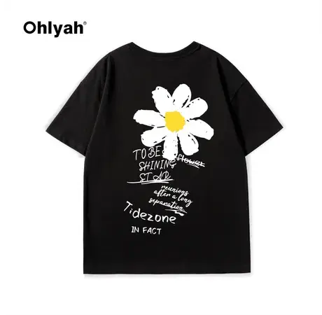 Ohlyah夏季情侣国潮牌白色涂鸦雏菊短袖T恤男女欧美宽松半袖体恤商品大图