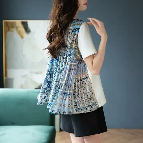 宝诗黎圆领百褶印花拼接T恤女夏季短袖2023年新款设计感宽松上衣图片