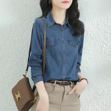 韩潮袭人法式复古牛仔衬衫女秋装2023新款上衣长袖衬衣设计感小众图片