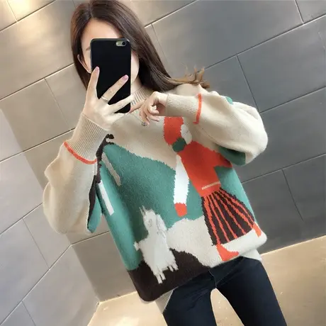 拼色毛衣女秋冬圆领套头2023新款韩版宽松百搭针织打底上衣外套潮图片