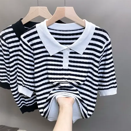 Polo领冰丝短款针织衫女2023春夏秋新款薄款条纹上衣短袖t恤衫潮图片