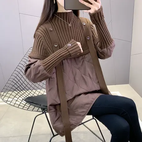 中长款棉服女早春2023新款韩版宽松显瘦针织毛衣拼接加厚套头上衣图片