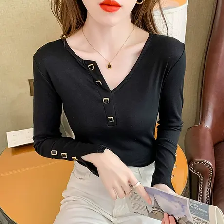 女装2023新款潮时尚不规则V领T恤设计感洋气上衣百搭打底衫女长袖商品大图