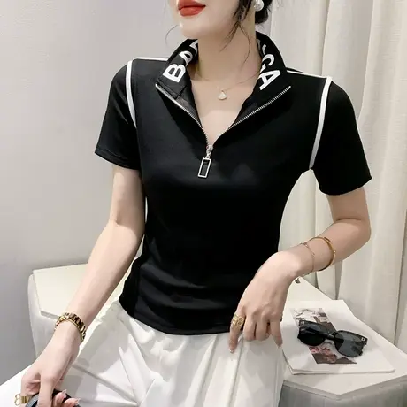 网红个性T恤女短袖夏季设计感小众翻领拉链上衣百搭显瘦小衫半袖图片