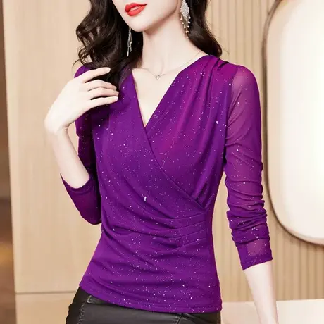 网纱打底衫女士洋气交叉V领小衫修身性感跳舞纱衣显瘦长袖上衣T恤商品大图