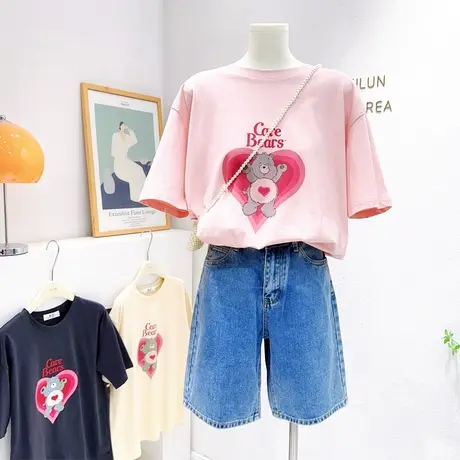 韩国东大门高级感短袖夏装新款ins爱心小熊上衣T恤宽松休闲甜美图片