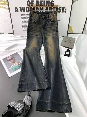 韩版复古磨白牛仔喇叭裤女2023秋季新款显瘦百搭弹力高腰微喇长裤商品大图