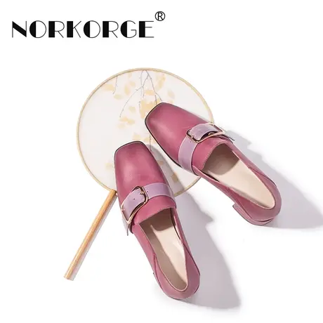 原创新款手工复古紫红色单鞋女鞋真皮方头粗跟高跟鞋温柔jk乐福鞋商品大图