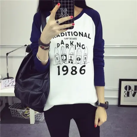 t恤女早秋韩版百搭显瘦字母印花插肩长袖设计感小众高级感上衣服商品大图