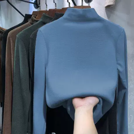 双面德绒圆领打底衫女秋冬内搭2023新款基础款长袖T磨毛保暖上衣图片