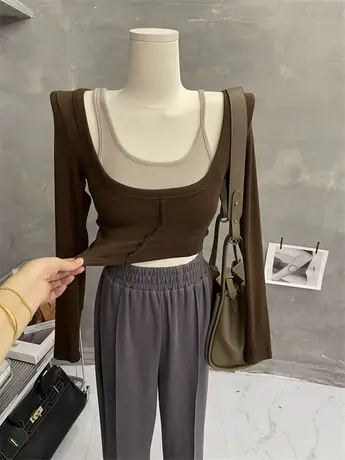 一眼入迷~纯欲拼色假两件上衣女修身短款长袖T恤打底衫设计感内搭商品大图